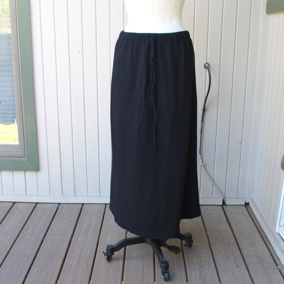 Orvis Long Straight Textured Black Rayon Skirt Elastic Drawstring Waist L - Picture 1 of 3
